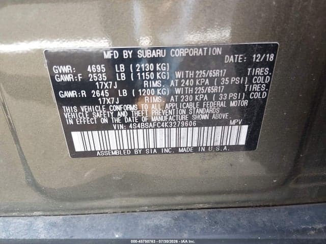 2019 SUBARU OUTBACK 2.5I PREMIUM 9