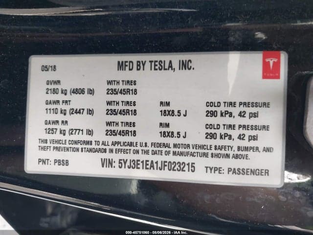 2018 TESLA MODEL 3 LONG RANGE/MID RANGE 9