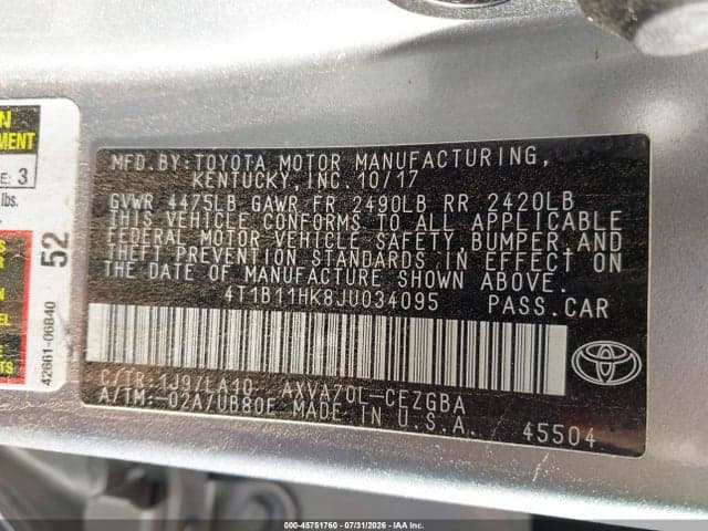 2018 TOYOTA CAMRY XLE 9