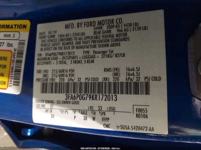 2019 FORD FUSION S 9