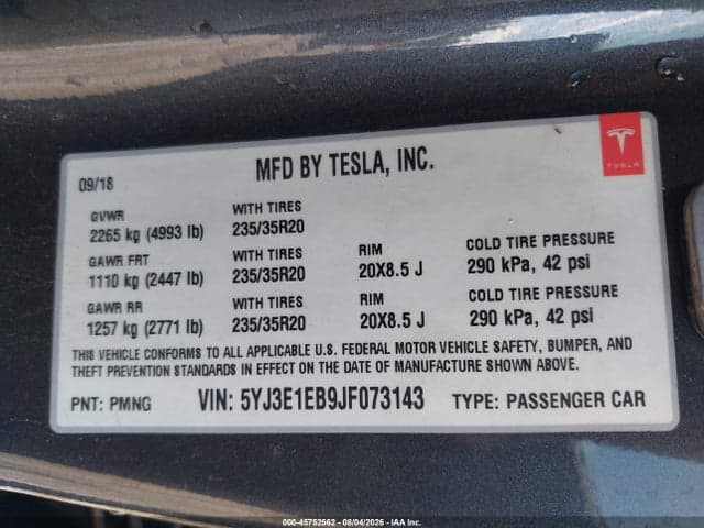 2018 TESLA MODEL 3 LONG RANGE/PERFORMANCE 9
