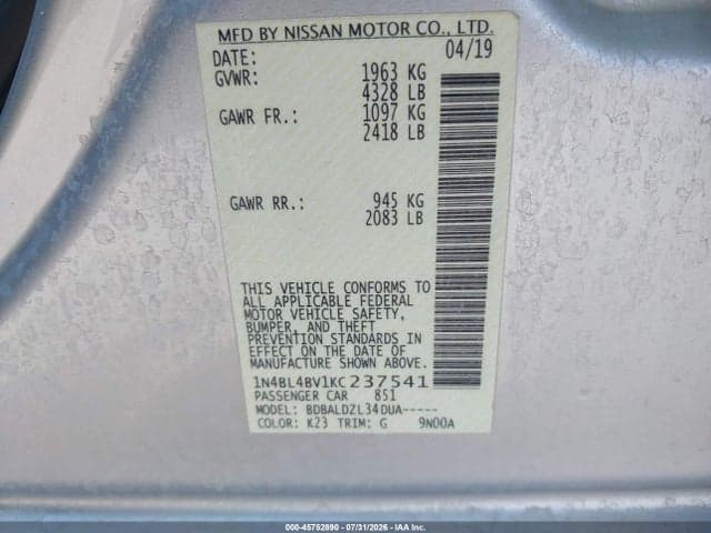 2019 NISSAN ALTIMA 2.5 S 9