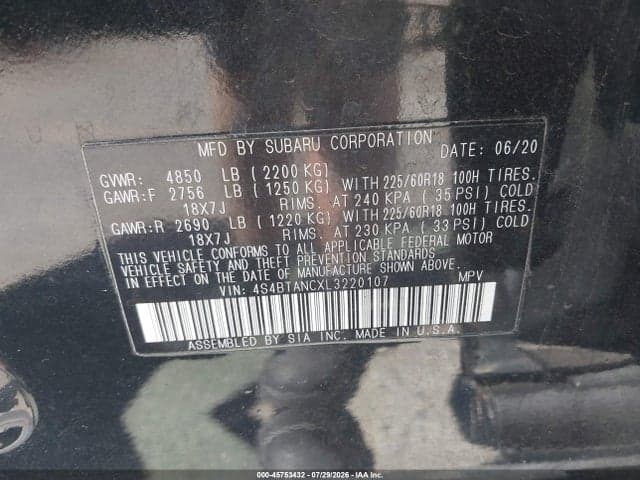 2020 SUBARU OUTBACK LIMITED 9
