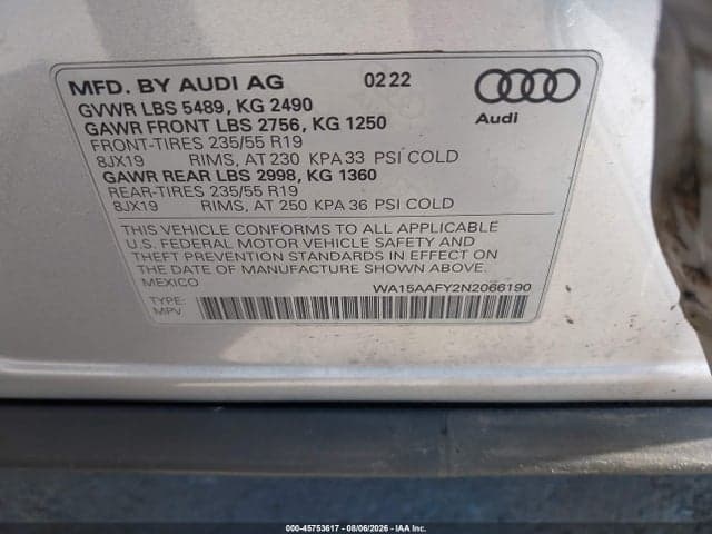 2022 AUDI Q5 SPORTBACK PREMIUM PLUS 45 TFSI S LINE QUATTRO S TRONIC 9