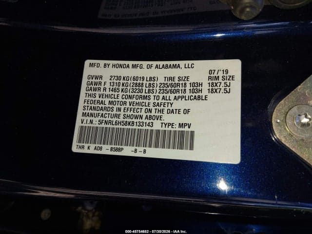 2019 HONDA ODYSSEY EX 9