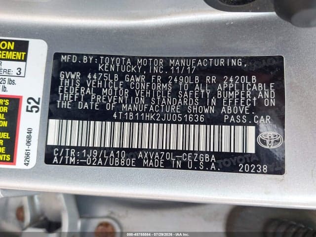 2018 TOYOTA CAMRY XLE 9