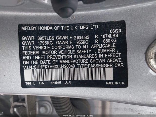 2020 HONDA CIVIC EX 9