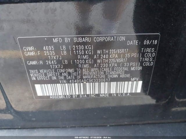 2019 SUBARU OUTBACK 2.5I 9