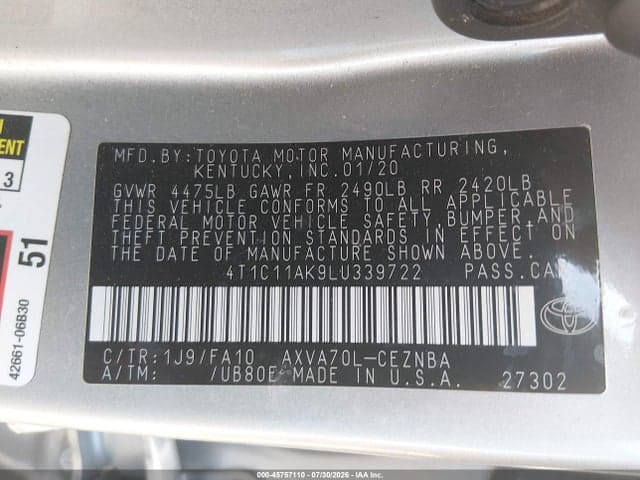 2020 TOYOTA CAMRY LE 9