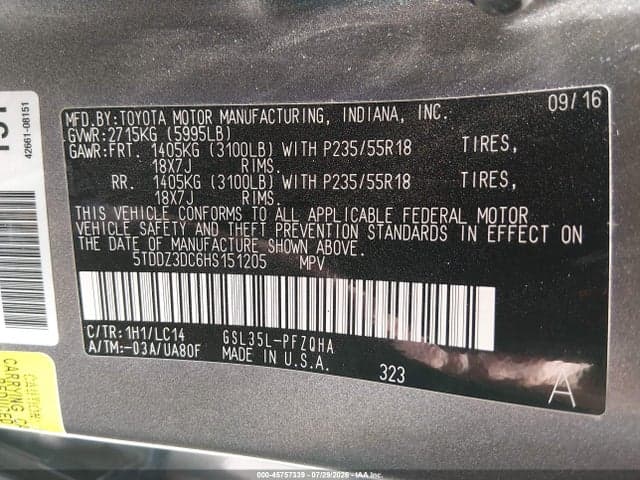 2017 TOYOTA SIENNA XLE 7 PASSENGER 9