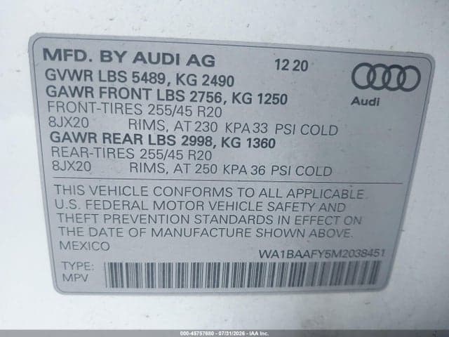 2021 AUDI Q5 PREMIUM PLUS 45 TFSI QUATTRO S TRONIC 9
