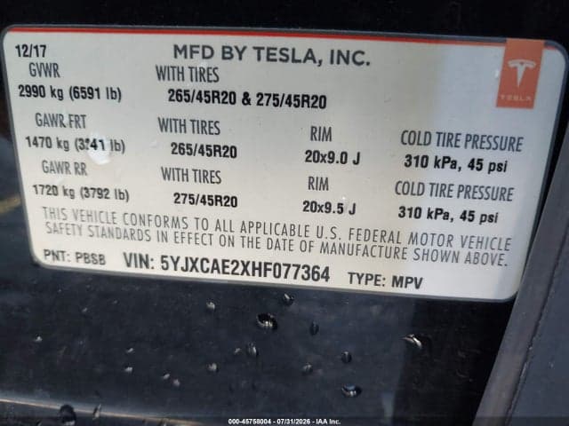 2017 TESLA MODEL X 100D/75D/90D 9