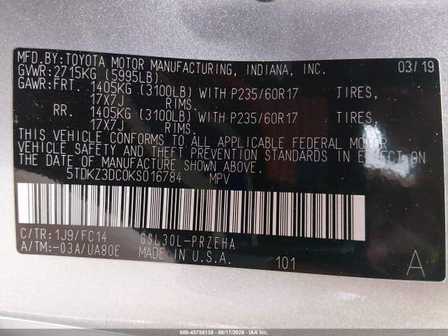 2019 TOYOTA SIENNA LE 8 PASSENGER 9