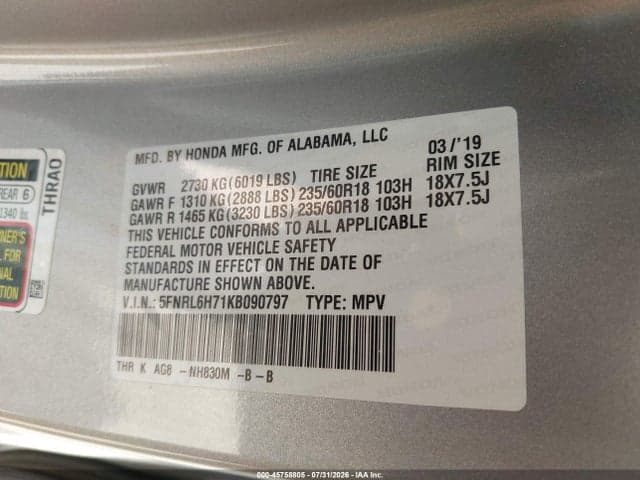 2019 HONDA ODYSSEY EX-L 9