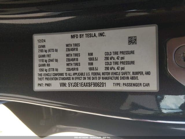 2025 TESLA MODEL 3 LONG RANGE REAR-WHEEL DRIVE/STANDARD REAR-WHEEL DRIVE 9