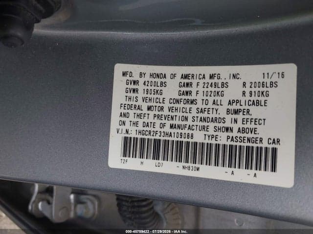 2017 HONDA ACCORD LX 9