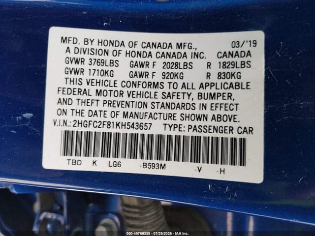 2019 HONDA CIVIC SPORT 9