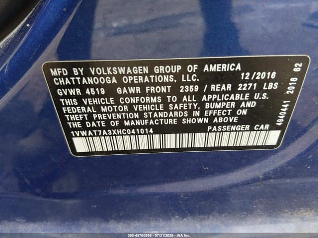 2017 VOLKSWAGEN PASSAT 1.8T S 9