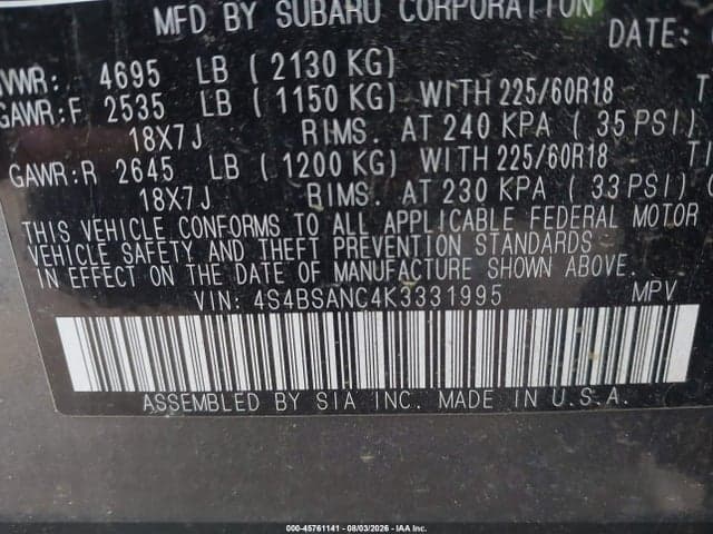 2019 SUBARU OUTBACK 2.5I LIMITED 9