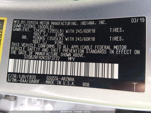 2019 TOYOTA HIGHLANDER LE/LE PLUS 9