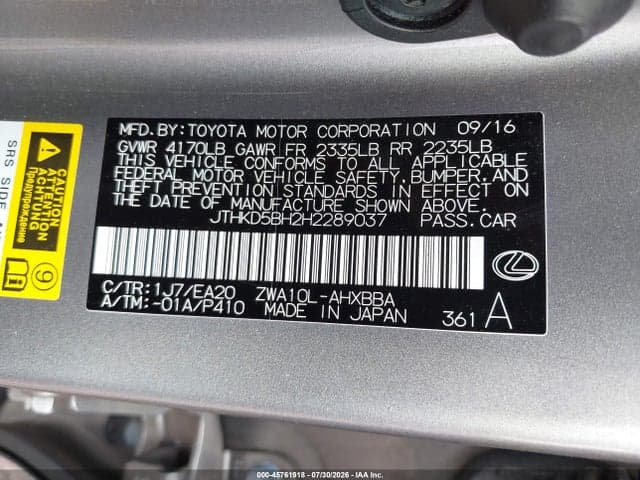 2017 LEXUS CT 200H 9