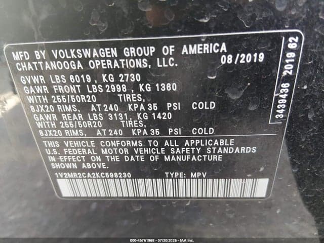 2019 VOLKSWAGEN ATLAS 3.6L V6 SEL 9