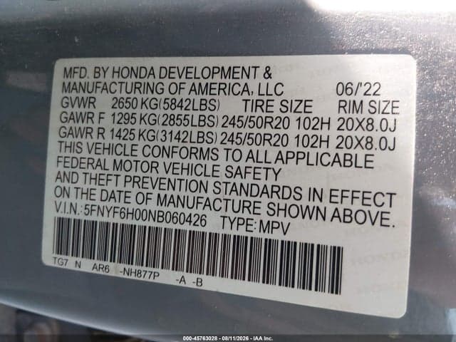 2022 HONDA PILOT AWD ELITE 9