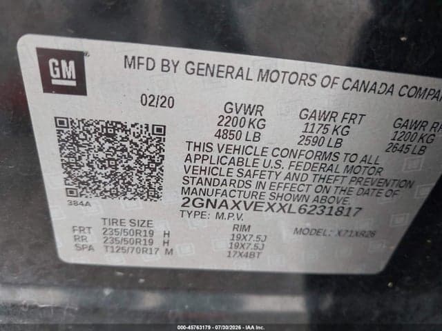 2020 CHEVROLET EQUINOX AWD LT 2.0L TURBO 9
