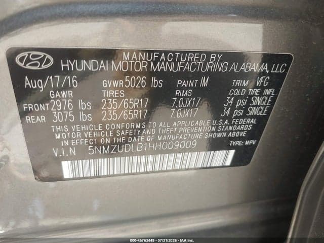 2017 HYUNDAI SANTA FE SPORT 2.4L 9