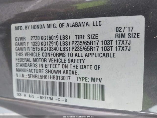 2017 HONDA ODYSSEY EX-L 4
