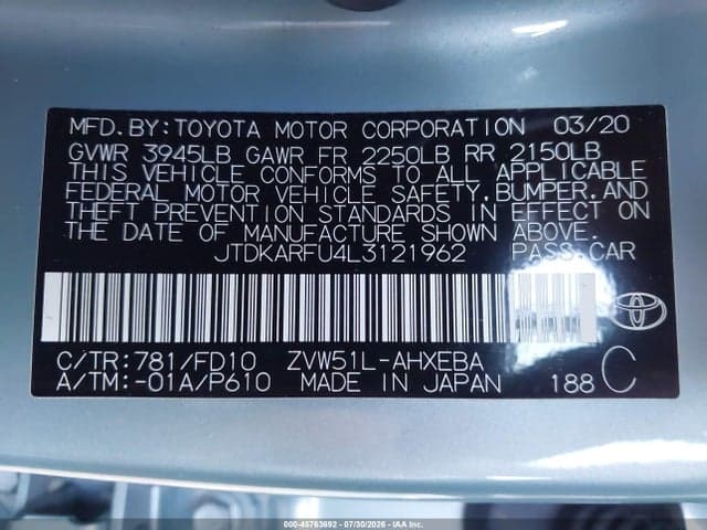 2020 TOYOTA PRIUS LE 9