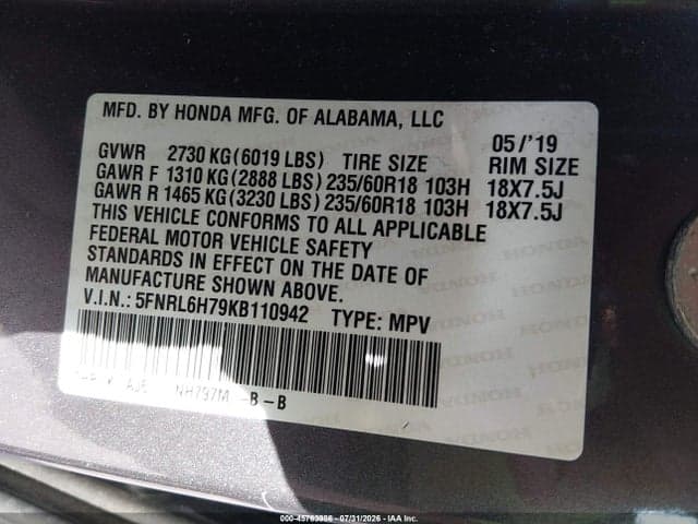 2019 HONDA ODYSSEY EX-L 9