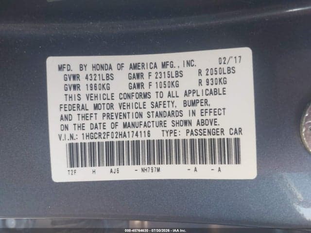 2017 HONDA ACCORD EX 9
