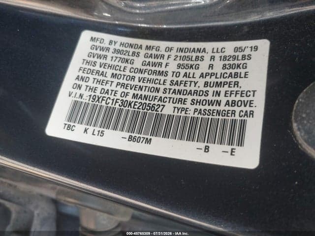 2019 HONDA CIVIC EX 9