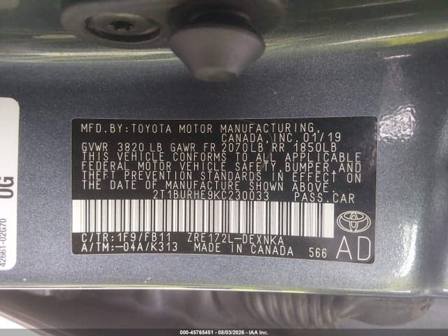 2019 TOYOTA COROLLA LE 9