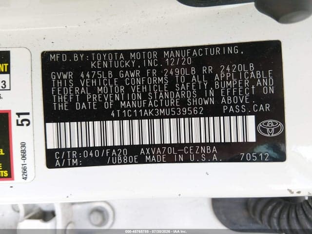 2021 TOYOTA CAMRY LE 9