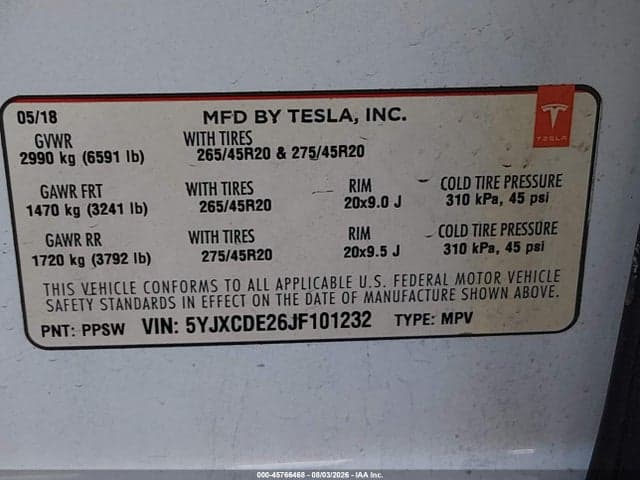 2018 TESLA MODEL X 100D/75D/P100D 9