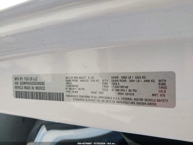 2025 RAM PROMASTER 3500 TRADESMAN HIGH ROOF 159 WB W/PASS SEAT 9