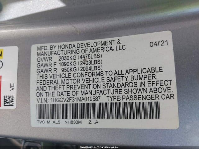 2021 HONDA ACCORD SPORT 2.0T 9