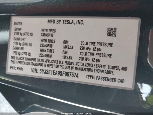 2025 TESLA MODEL 3 LONG RANGE REAR-WHEEL DRIVE/STANDARD REAR-WHEEL DRIVE 9