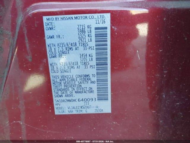 2017 NISSAN PATHFINDER SV 9