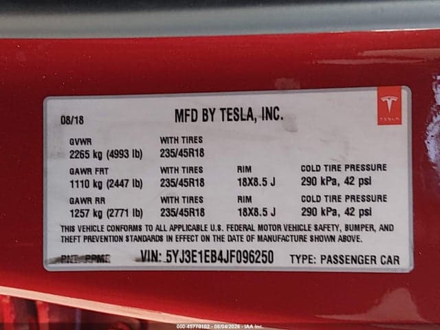 2018 TESLA MODEL 3 LONG RANGE/PERFORMANCE 9