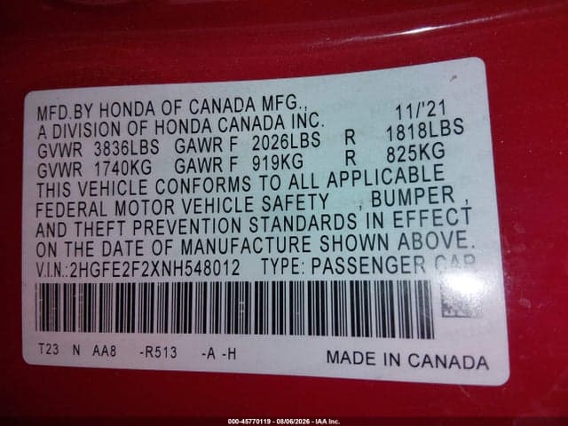 2022 HONDA CIVIC LX 9