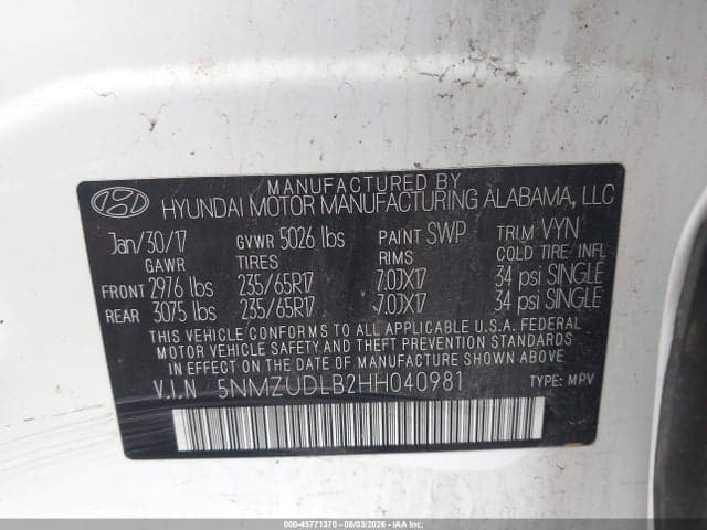 2017 HYUNDAI SANTA FE SPORT 2.4L 9