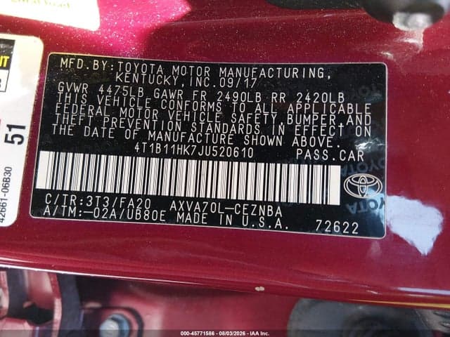 2018 TOYOTA CAMRY LE 9