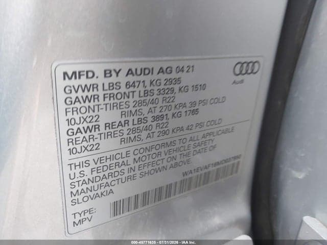 2021 AUDI Q8 PREMIUM PLUS 55 TFSI QUATTRO TIPTRONIC 9