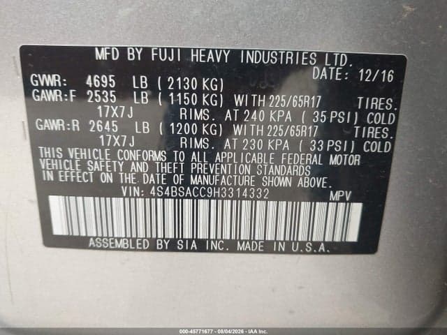 2017 SUBARU OUTBACK 2.5I PREMIUM 9