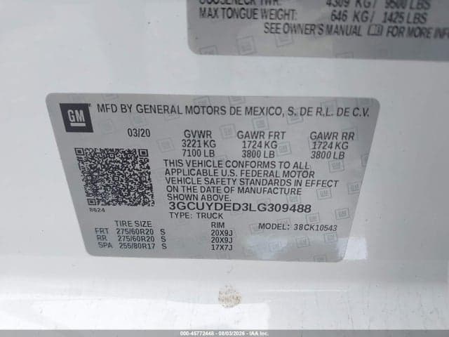 2020 CHEVROLET SILVERADO 1500 4WD SHORT BED LT 9