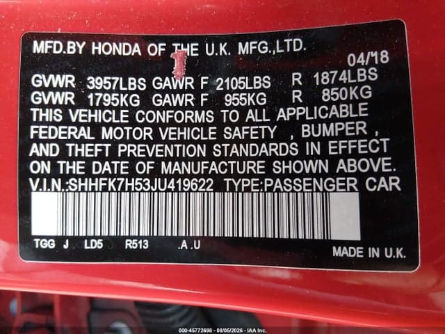 2018 HONDA CIVIC EX 9