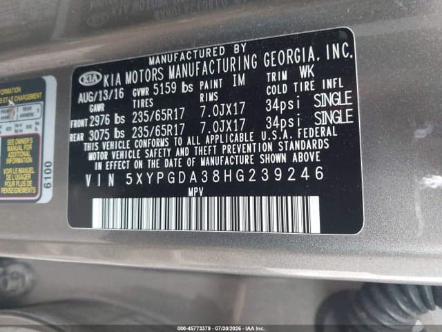 2017 KIA SORENTO 2.4L LX 9